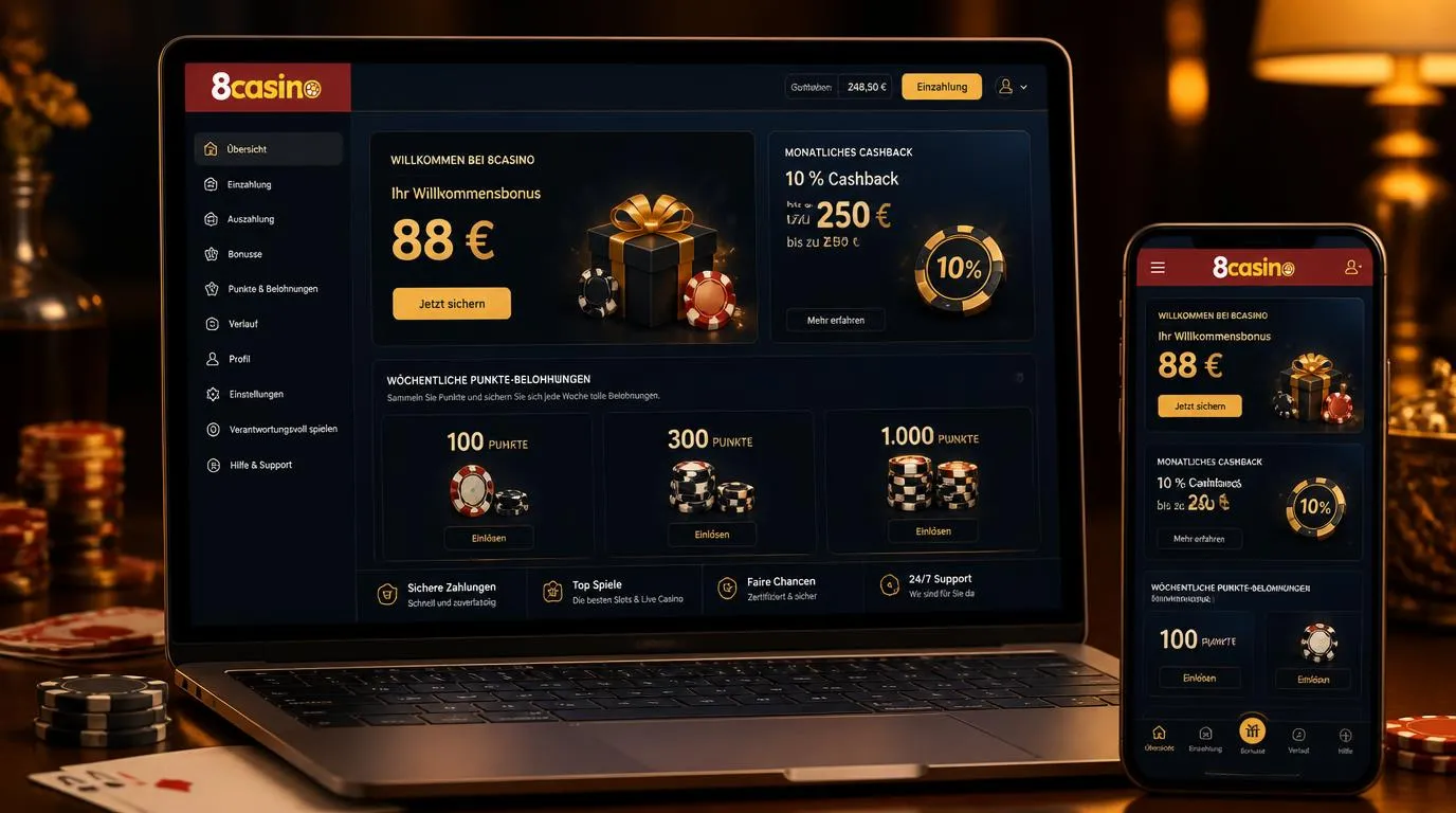 Casino-Kontoansicht mit Willkommensbonus, monatlichem Cashback und wöchentlichen Punkteprämien