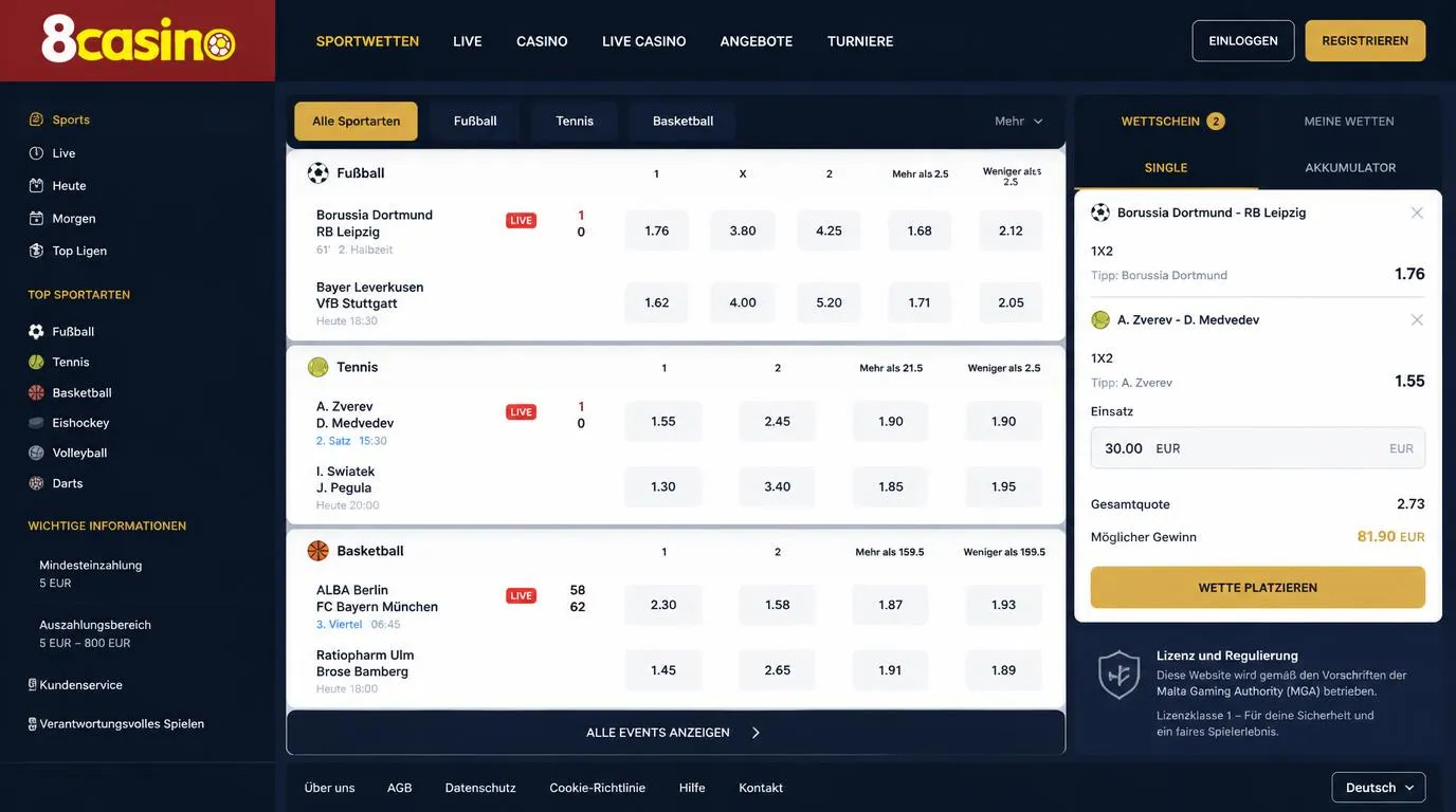Sportwetten-Oberfläche mit Einzelwette, Kombiwette, Live-Quoten und sichtbarer Auszahlung