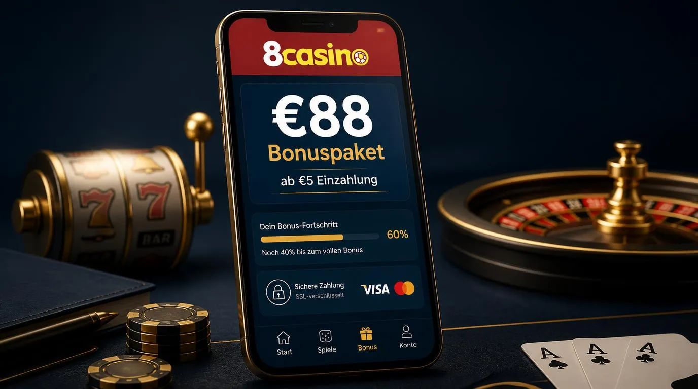 Casino-Bonusübersicht mit €88 Willkommenspaket und €5 Mindesteinzahlung auf einem Smartphone