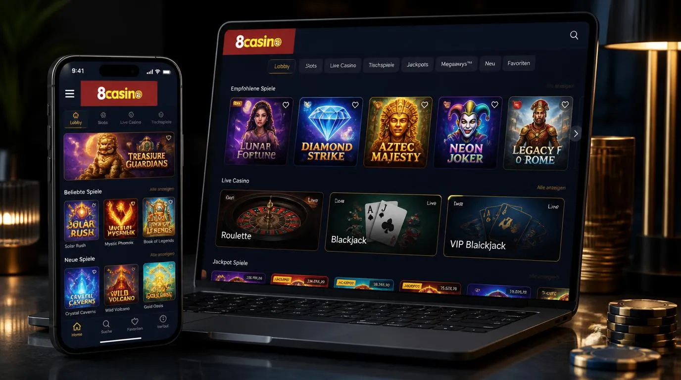 Smartphone und Laptop mit übersichtlicher Casino-Spielauswahl, Slots und Tischspielen