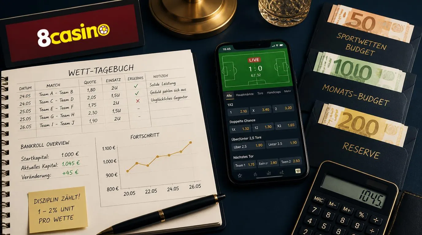 Sportwetten-Notizbuch mit Einsatzplan, Quotenübersicht und getrenntem Budget in Euro