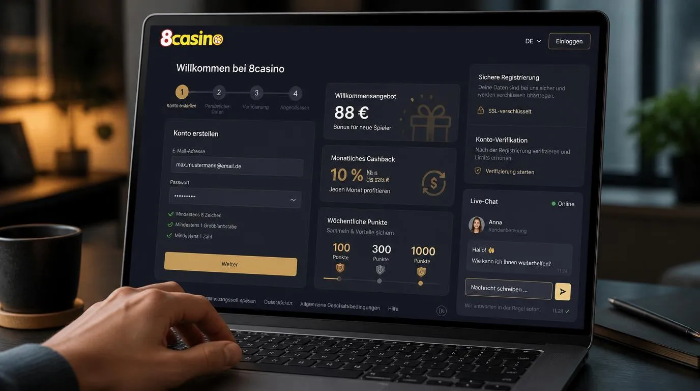 Registrierungsansicht eines Online-Casinos mit Willkommensbonus, Cashback und aktivem Live-Chat