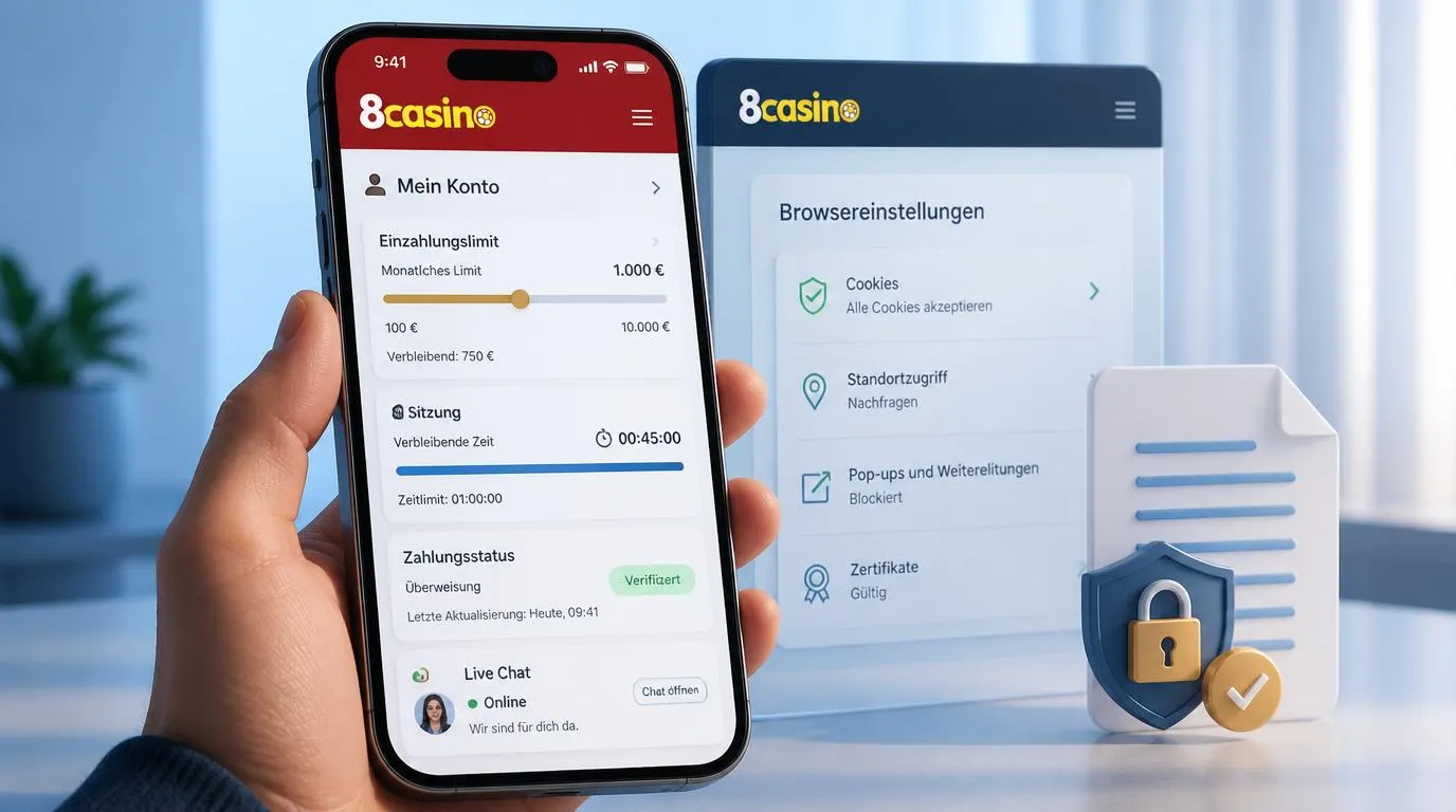 Smartphone mit Casino-Konto, Sicherheitslimits, Live-Chat und Zahlungsstatus auf dem Display