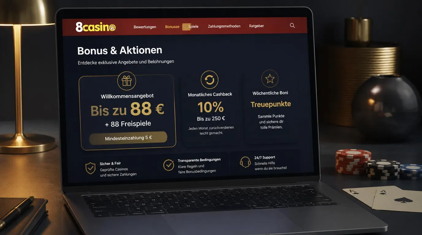 Willkommensbonus mit 88 Euro und Mindesteinzahlung von 5 Euro auf einer Casino-Bonusübersicht