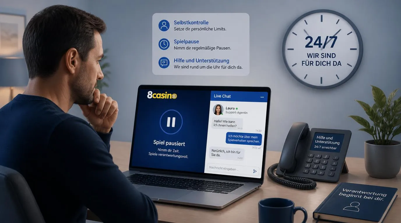 Spieler nutzt Live-Chat und Telefon-Support neben einer Uhr für verantwortungsvolles Spielen
