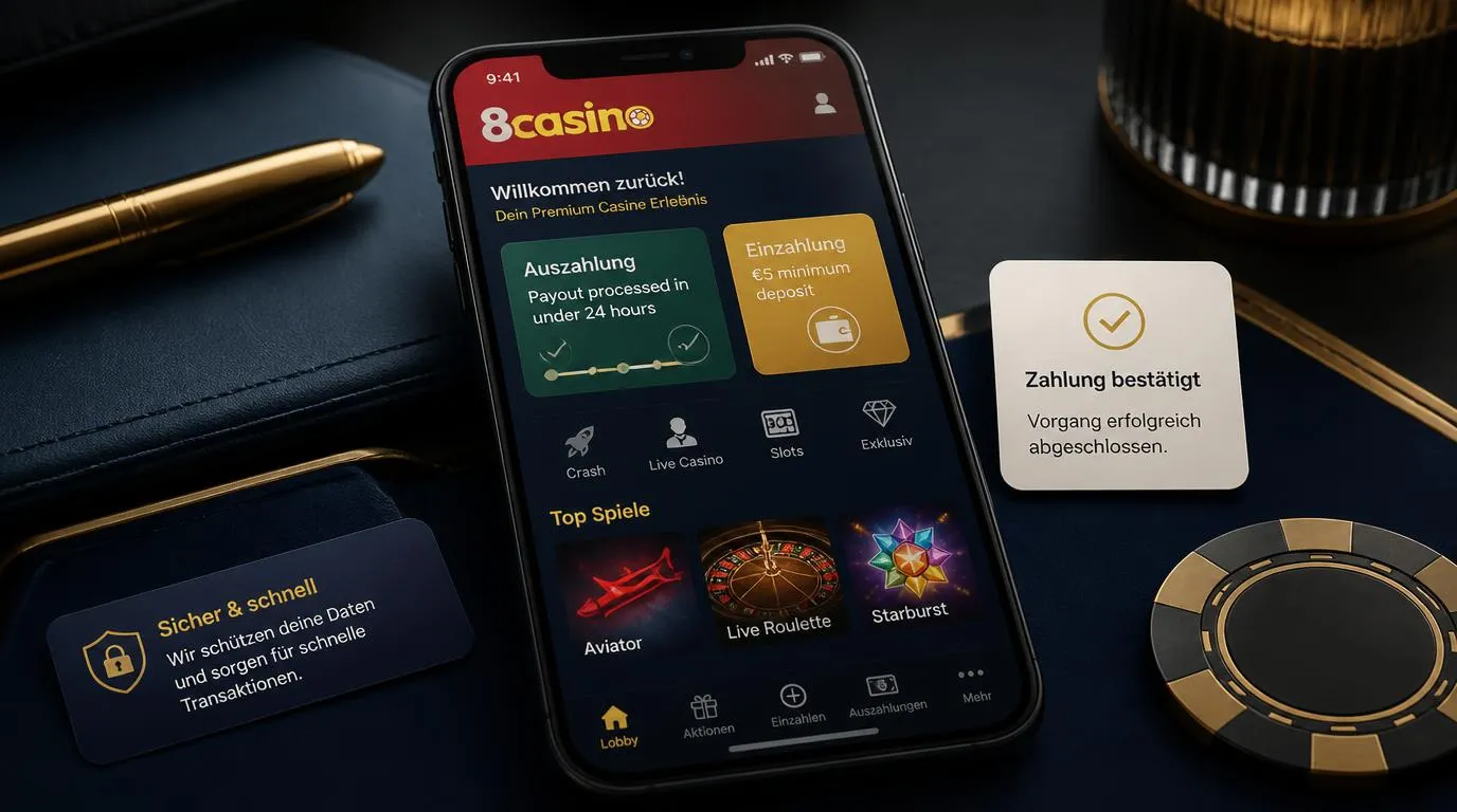 Smartphone mit Casino-Spielauswahl und Anzeige einer schnellen Auszahlung unter 24 Stunden