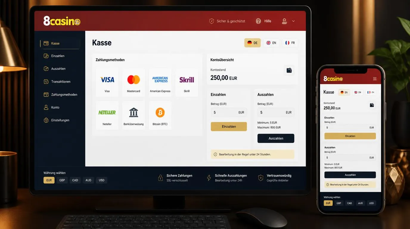 Kassenbereich eines Online-Casinos mit Karten, E-Wallets, Bitcoin und Euro-Auszahlung
