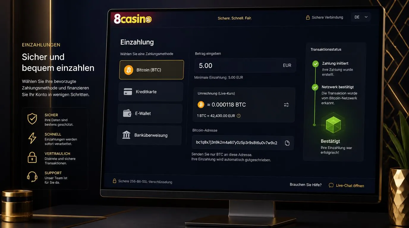 Bitcoin-Zahlung im Casino-Kassenbereich mit Wallet-Adresse, Betrag und bestätigter Blockchain-Transaktion