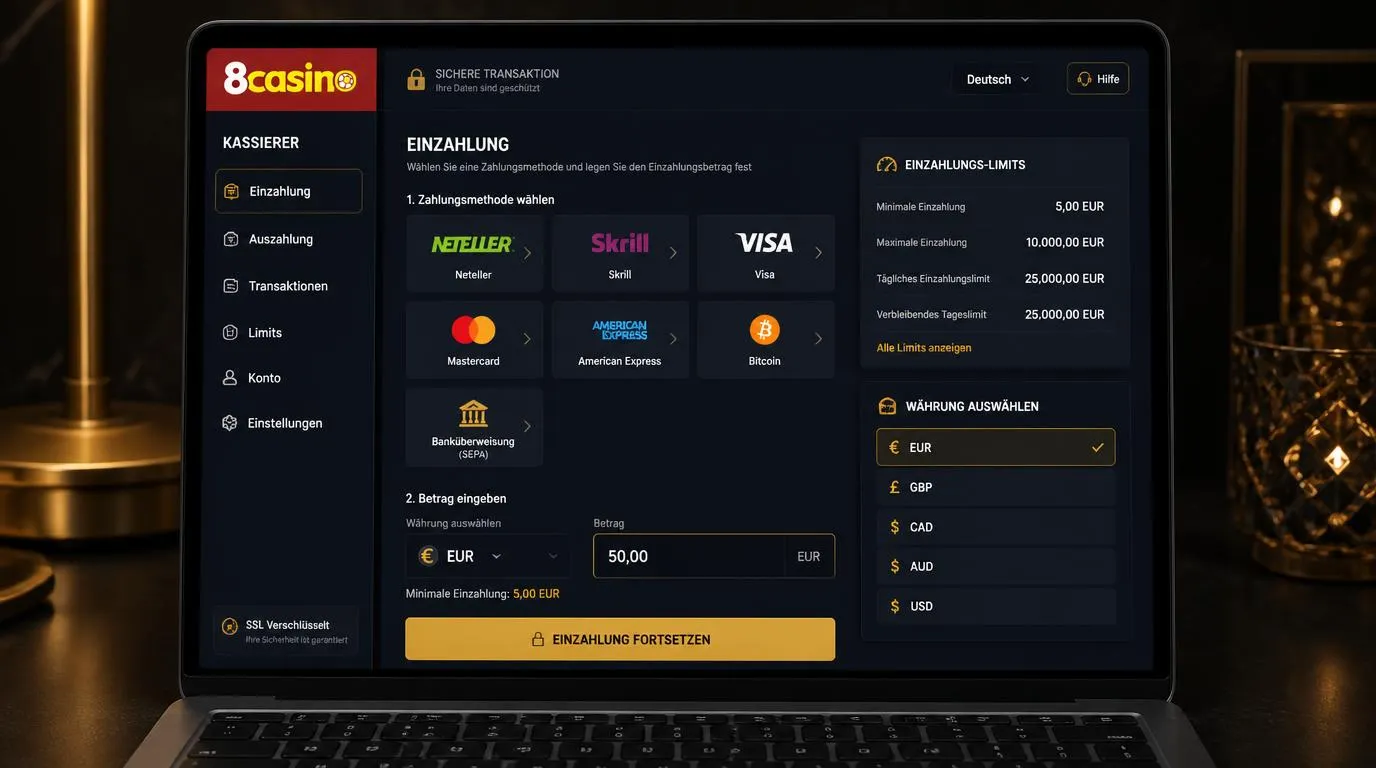 Casino-Kassenbereich mit Mindesteinzahlung von 5 Euro und Auswahl verschiedener Zahlungsarten