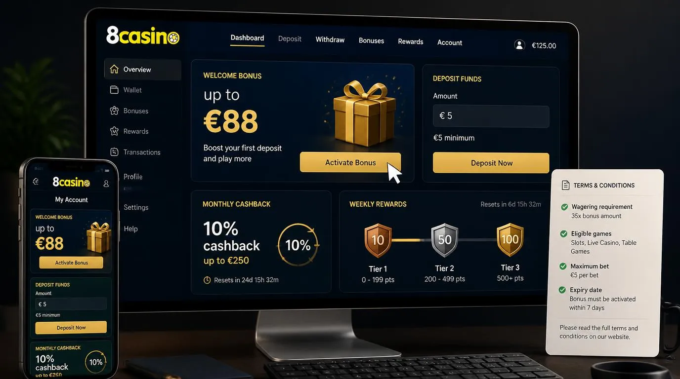 Bonusbereich eines Online-Casinos mit Willkommensbonus, Mindesteinzahlung und Cashback-Aktion